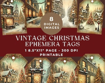 May include: Eight digital gift tags featuring vintage-style Christmas scenes with snow-covered buildings, decorated trees, and street lamps. The text reads 8 DIGITAL IMAGES VINTAGE CHRISTMAS EPHEMERA TAGS 1 8.5"X11" PAGE - 300 DPI PRINTABLE.
