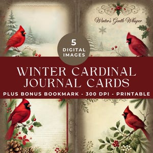 Red Cardinal Junk Journal Cards, Junk Journal Kit, winter ephemera, afdrukbaar dagboek, vintage ephemera, vogel digitaal plakboek, bladwijzer
