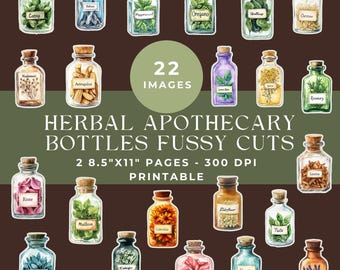 Apothecary Bottles Fussy Cut Pages, Herbal Embellishments, Junk Journal Kit, Botanical Herbs Printable Ephemera, Digital Scrapbooking