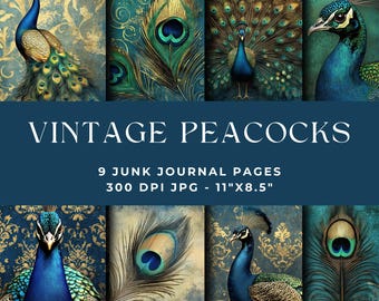 May include: A digital collection of 9 junk journal pages titled VINTAGE PEACOCKS, 300 DPI JPG, 11"x8.5". The images feature various artistic depictions of peacocks and their feathers in shades of deep blue, teal, and metallic gold accents.