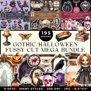 Gotiskt och Halloween-inspirerat klipppaket: 195 utskrivbara ephemera-utklipp i 9 stilar (digital nedladdning av skräpjournalkit)