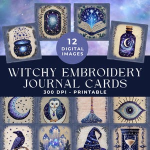 Cartões de diário de lixo bordados de bruxa celestial, kit de diário de lixo, download digital de itens místicos de bruxa, papel bordado para impressão