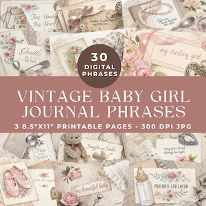 Vintage babywoorden en -zinnen, babymeisje-junkjournaalwoorden, kinderzinnen, afdrukbare woorden, afdrukbare kortstondige ephemera, digitale scrapbooking