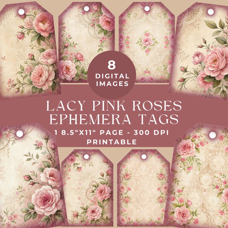 Pink Roses With Tag Lacy Pink Roses Ephemera Tags, Floral Junk Journal, Lace and Flowers ...