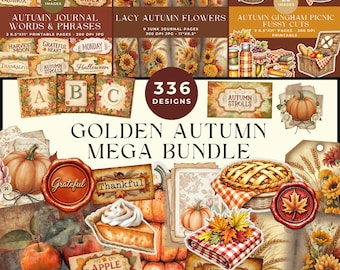 Paquete gigante imprimible de otoño dorado: Elementos decorativos rústicos de otoño (páginas para diario creativo, palabras y frases, etiquetas, recortes y más, descarga digital)