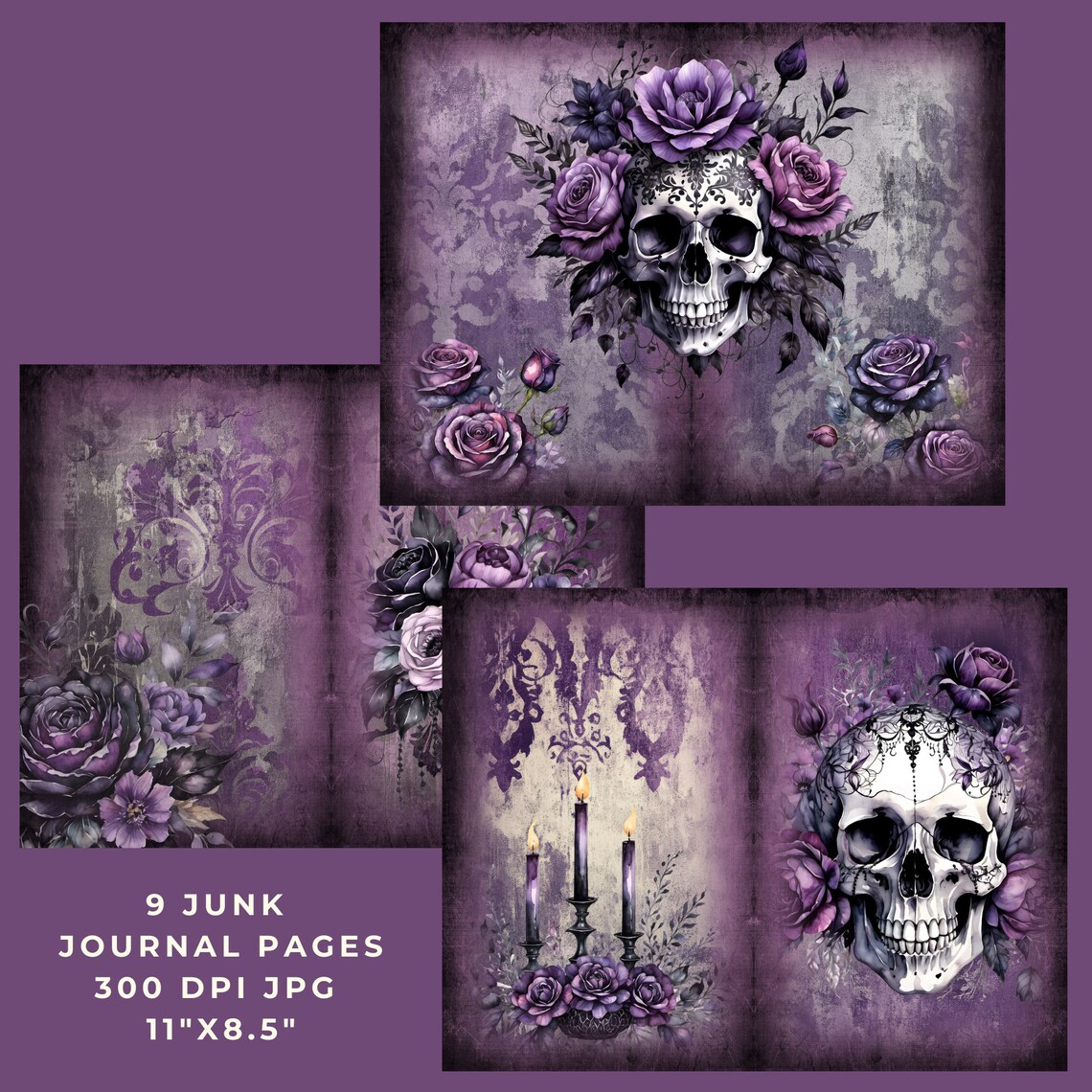 Gothic Junk Journal Pages, Junk Journal Kit, Purple, Skulls and Flowers ...