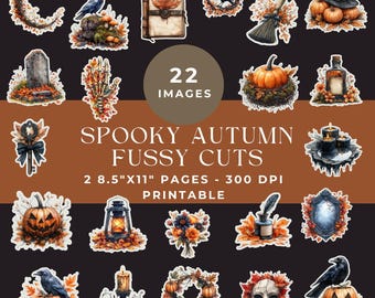 Spooky Autumn Fussy Cut Pages, Embellishments for Junk Journals, Junk Journal Kit, Fall Halloween Printable Ephemera, Digital Scrapbooking