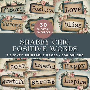 Positive Junk Journal Wörter, Inspirierende Wörter, druckbare Wörter, Shabby Chic Ephemera, digitales Scrapbooking, Wörter für Journal, Etiketten