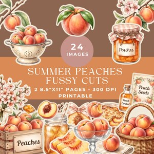 May include: A collection of 24 digital peach-themed illustrations including whole peaches, sliced peaches, a colander of fruit, a jar labeled Peaches, a basket of peaches, and a bottle of Peach Cordial, with text reading Summer Peaches Fussy Cuts 2 8.5"x11" Pages.