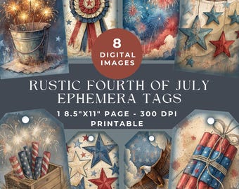 Rustic 4th of July Ephemera, Fourth of July Tags, Patriotic Vintage Gift Tags, Red White Blue Independence Day Digital Scrapbooking Tags