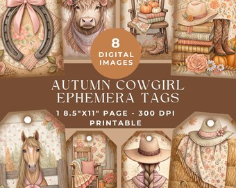 Autumn Cowgirl Ephemera Tags, Shabby Fall Ephemera, Digital Scrapbooking, Printable Ephemera, Western Floral Gift Tags, Junk Journal Kit
