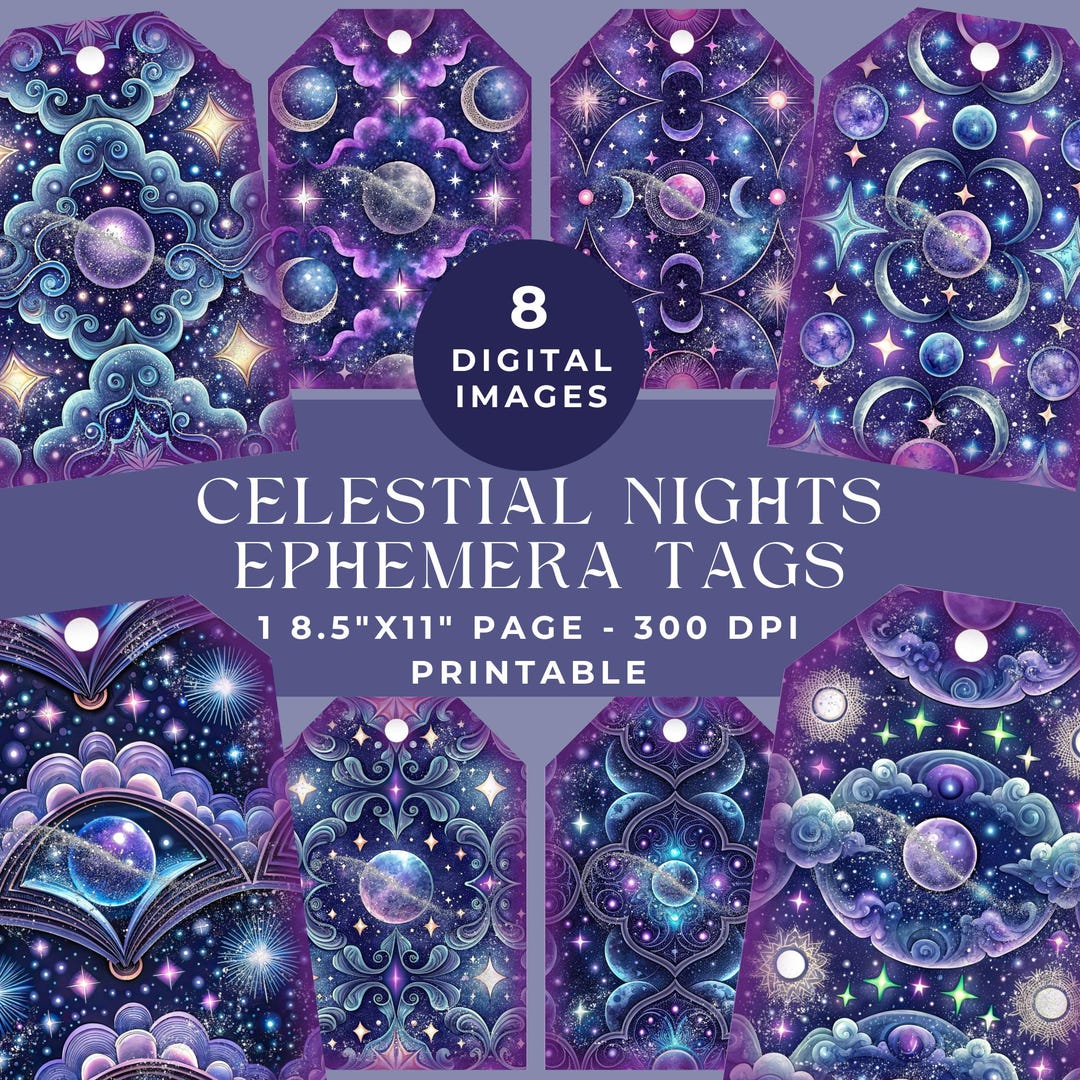 Celestial Nights Ephemera Tags, Mystical Digital Scrapbooking, Ephemera ...