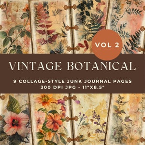 Páginas de diário de lixo botânico vintage, kit de diário de lixo, diário para impressão, diário de lixo digital, folha de colagem de ervas, diário de lixo floral