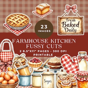 May include: A digital collage featuring watercolor illustrations of baked goods and kitchen items. Includes a pie, bread, and a sign that says "Fresh Baked Daily." The text "Farmhouse Kitchen Fussy Cuts" is also present.