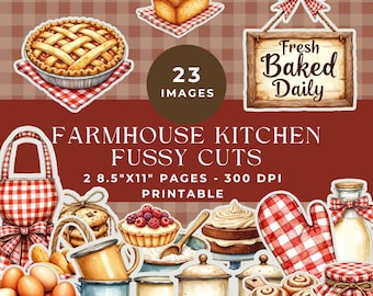 Farmhouse Kitchen Fussy Cuts for Junk Journals: Gingham Baking Printable Ephemera Cutouts for Scrapbooking (Digital Download)