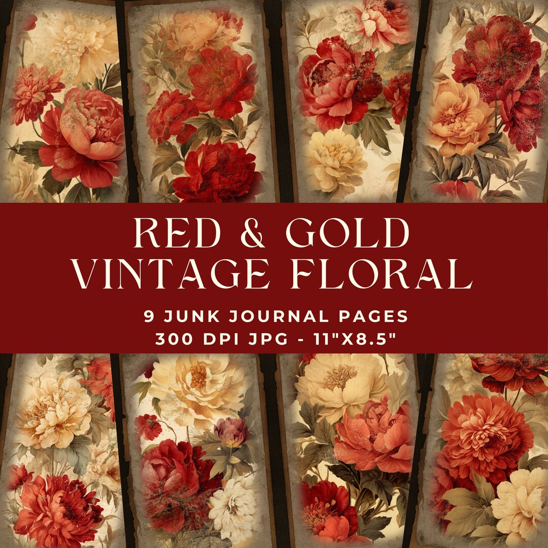 Red & Gold Vintage Floral Junk Journal Pages, Digital Paper, Printable ...