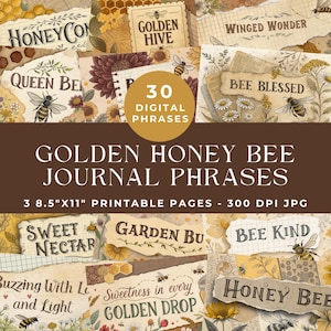 Op de afbeelding: Een digitale collage met vintage-stijl journaalpagina's met zinnen over bijen en honing. Het ontwerp bevat illustraties van bijen, bloemen en honingraatpatronen. De tekst bevat "Golden Honey Bee Journal Phrases". De pagina's zijn 21,59 cm x 27,94 cm groot.