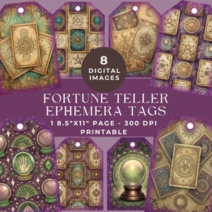Fortune Teller Ephemera Tags, Fortune Teller Junk Journal, Mystical Digital Scrapbooking Printable, Tarot Gift Tags JPG, Junk Journal Kit