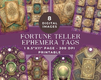 Fortune Teller Ephemera Tags, Fortune Teller Junk Journal, Mystical Digital Scrapbooking Printable, Tarot Gift Tags JPG, Junk Journal Kit