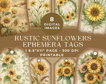 Rustic Sunflower Ephemera Tags, Vintage Ephemera, Digital Scrapbooking, Ephemera Printable, Sunflower Floral Gift Tags JPG, Junk Journal Kit