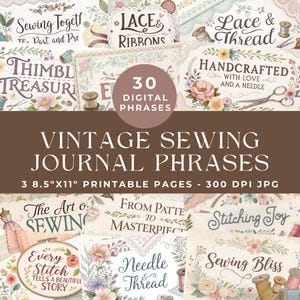 Vintage Sewing Junk Journal Wörter, Nähe Wörter und Phrasen, Vintage Ephemera, Printable Journal Wörter, Nähen Phrasen Digital Scrapbooking