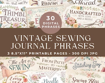 Palabras para diarios de costura vintage, palabras y frases de costura, efímeras vintage, palabras para diarios imprimibles, frases de costura para scrapbooking digital