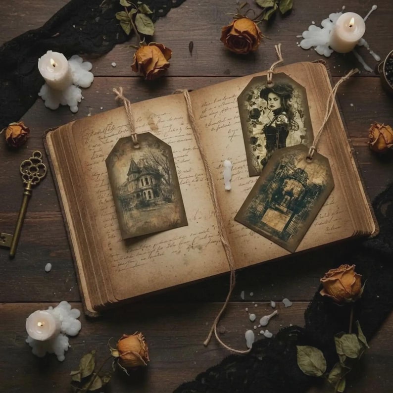 May include: Three rectangular paper tags with twine loops resting on an open vintage book. One tag features a house, another a portrait of a person, and the third a building. The scene includes a metal skeleton key, dried roses, and lit candles.