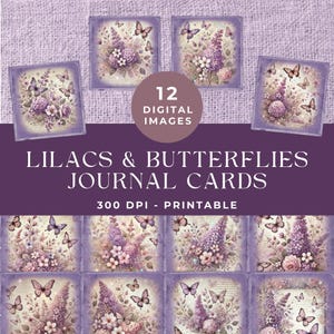 Cartões de diário com lilases e borboletas, kit de diário com flores roxas, download digital de itens efêmeros de borboletas, papel para impressão de flores
