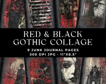 Gothic Junk Journal-pagina's, Gothic Collagepapier, Junk Journal Kit, Afdrukbaar Journal, Junk Journal Digital, Gothic Digital Paper, Rood, Zwart