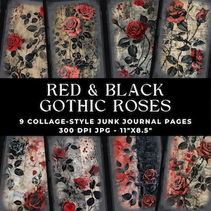 Red and Black Floral Junk Journal Pages, Gothic Roses Junk Journal, Gothic Red and Black Flowers Junk Journal Pages, Printable Journal, Goth