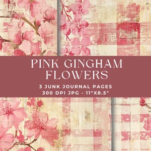 Gingham Junk Journal Page, Floral Junk Journal, Cottagecore Digital Paper, Pink Flowers, Journal Printable, Shabby Chic Download, JPG