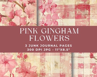 Peut inclure: Trois pages de journal créatif numérique avec des illustrations de fleurs de cerisier roses sur un fond à carreaux vichy rose et crème. Le texte indique PINK GINGHAM FLOWERS, 3 JUNK JOURNAL PAGES, 300 DPI JPG - 27,94 cm x 21,59 cm.