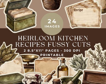 Heirloom Kitchen Recipes Fussy Cuts: Vintage Printable Ephemera Junk Journal Kit (Digital Download)