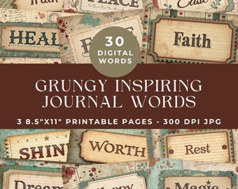 Positive Junk Journal Words, Inspirational Words, Printable Words, Grungy Printable Ephemera, Digital Scrapbooking, Words for Journal Labels