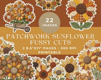 Patchwork Sunflower Fussy Cuts for Junk Journals: Quilted Autumn Flowers Printable Ephemera Cutouts for Scrapbooking (Digital Download)