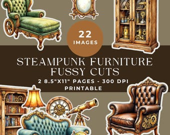 Puede incluir: Una colección de 22 imágenes imprimibles para recortar que incluyen muebles y objetos decorativos como una chaise longue verde, un armario de madera, un sillón de cuero marrón, un sofá azul, una estantería, un reloj, un telescopio y un espejo.