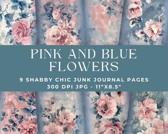 Papel digital para diario basura Shabby Chic, kit para diario basura, diario basura vintage, página para diario basura, imprimible, floral, rosa, azul