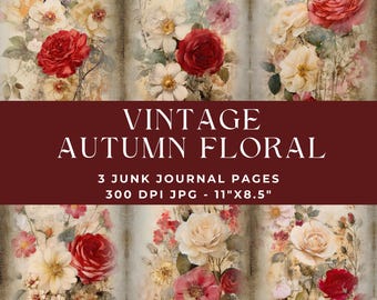 Autumn Flowers Junk Journal Page, Vintage Digital Paper, Junk Journal Kit, Journal Printable, Digital Junk Journal, Floral Scrapbook, Red