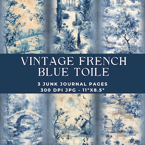 Journal indésirable en toile bleue, toile de Jouy française, page de journal indésirable, papier numérique, kit de journal indésirable, journal imprimable, pages vintage, motif floral