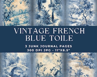 Blue Toile Junk Journal, French Toile de Jouy, Junk Journal Page, Digital Paper, Junk Journal Kit, Printable Journal, Vintage Pages, Floral
