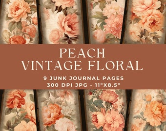 Peach Vintage Floral Junk Journal Pages, Digital Paper, Printable Ephemera Paper Craft, Victorian Scrapbook Paper, Roses, Peonies, JPG