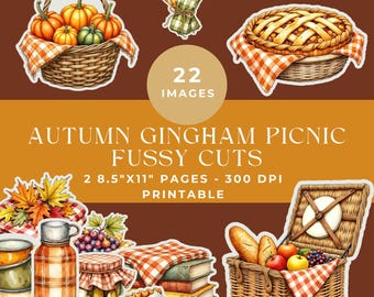 Autumn Picnic Fussy Cut Ephemera Pages, Retro Fall Gingham Junk Journal Kit, Cozy Leaves and Fruit Printable Ephemera, Digital Scrapbooking