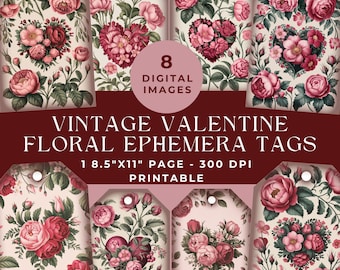 Vintage Valentine Tags, Vintage Ephemera, Digital Scrapbooking, Floral Valentine Tags, Junk Journal Kit, Valentine Journal, Flower Gift Tags