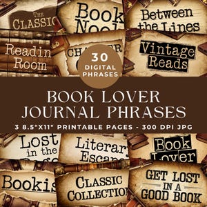 Palabras y frases para diarios basura de amantes de los libros, palabras imprimibles, material efímero para bibliotecas, álbumes de recortes digitales, palabras para diarios, etiquetas para libros, collages