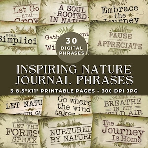 Inspirerende natuur ongewenste dagboekwoorden, afdrukbare woorden, woorden en zinnen, afdrukbare efemere verschijnselen, ongewenste dagboekkit, digitale collage, scrapbooking