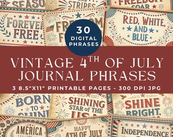 Vintage 4th of July Junk Journal Words, Fourth of July Phrases, USA Patriotic Printable, Independence Day Ephemera, Digital Scrapbooking