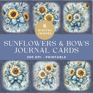 Sunflower Journal Ephemera, Coquette Bow Ephemera, Vintage Junk Journal Cards, Junk Journal Kit, Digital Download, Printable Scrapbook Paper