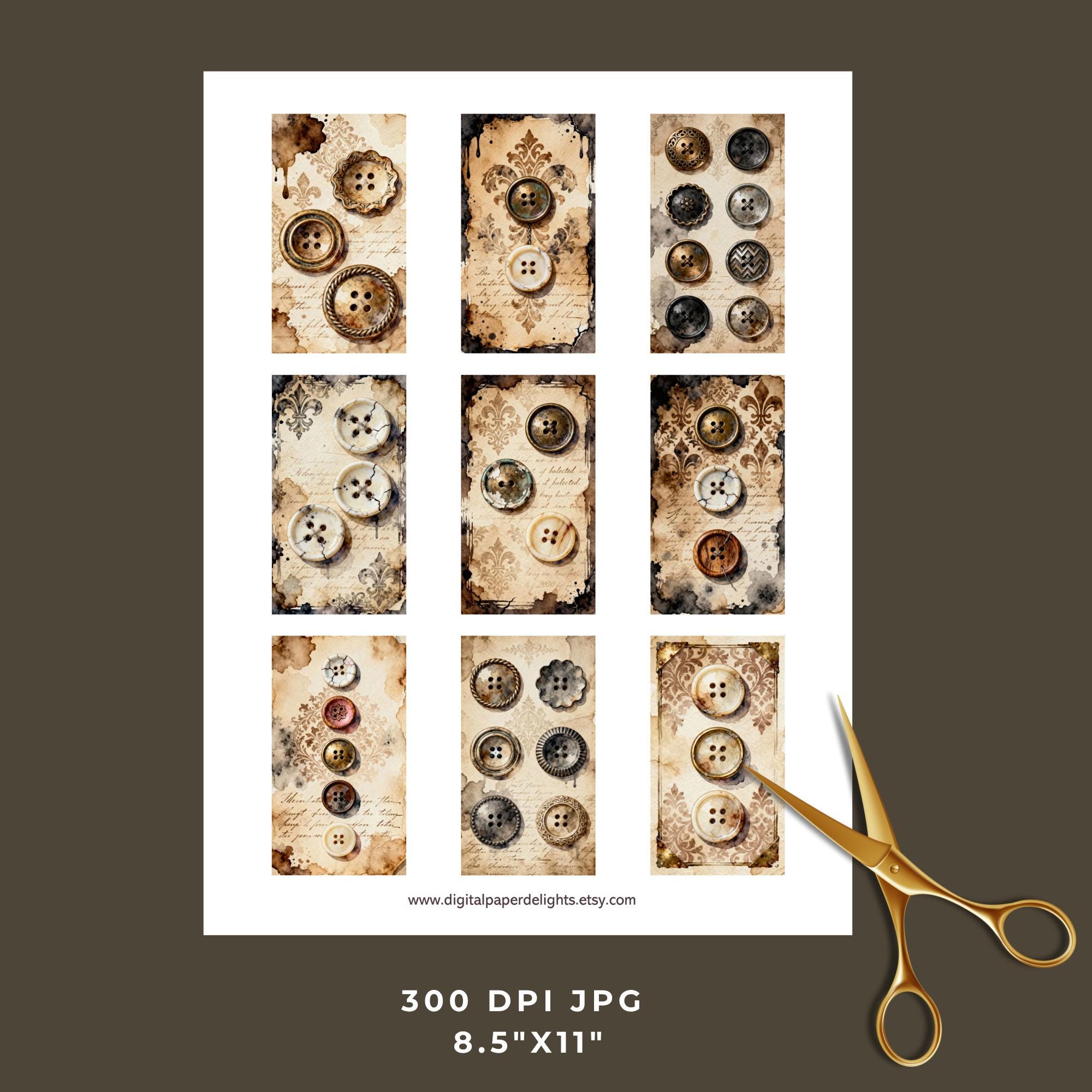 Button Cutouts Vintage Gothic Damask Printable Button Cards: Dark Grunge Junk Journal ...