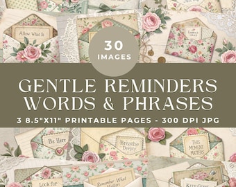 May include: A digital collection of 30 images featuring vintage-style envelopes with floral patterns and inspirational text like Your Heart Knows, Just Begin, Allow What Is, Embrace Grace, Be Here, Breathe Deeply, This Moment Matters, and Keep Going.