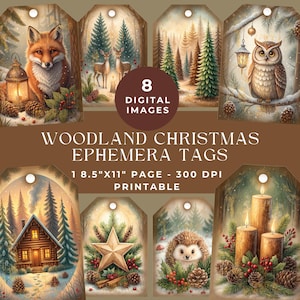 Woodland Christmas Printable Ephemera Tags: Forest Animal Holiday Gift Tags, Digital Scrapbooking, Junk Journal Kit, Digital Download